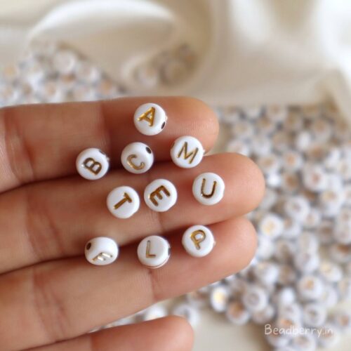 White Round Golden Alphabet Beads-100gm