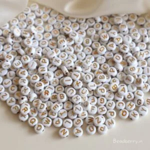 White Round Golden Alphabet Beads-100gm