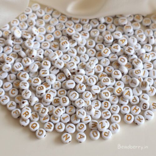 White Round Golden Alphabet Beads-100gm