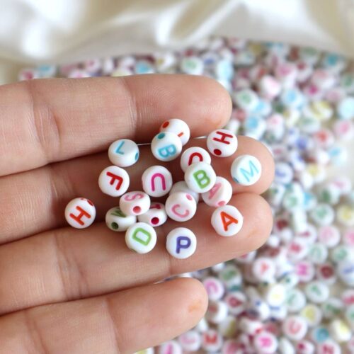 White Colorful Round Alphabet Beads-100gm