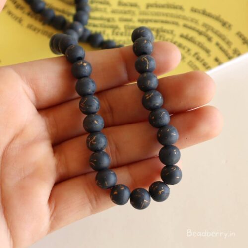 Black Round Matte Marble Beads | 1 String | Size: 8mm