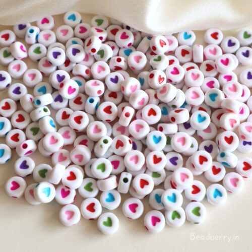 White Multicolor Acrylic Heart Beads-25gm