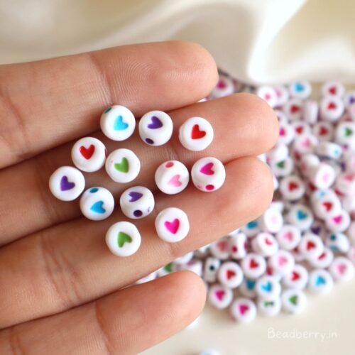 White Multicolor Acrylic Heart Beads-25gm