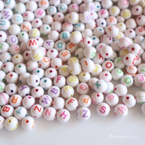 Round Ball White Colorful Alphabet Beads-100gm