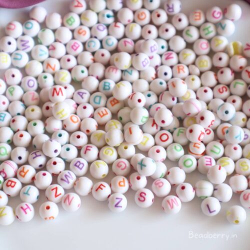 Round Ball White Colorful Alphabet Beads-100gm