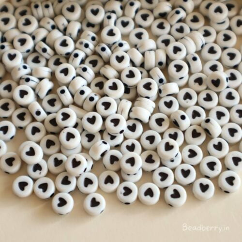 White Acrylic Black Heart Beads-25gm