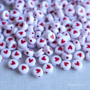 White Acrylic Red Heart Beads-25gm