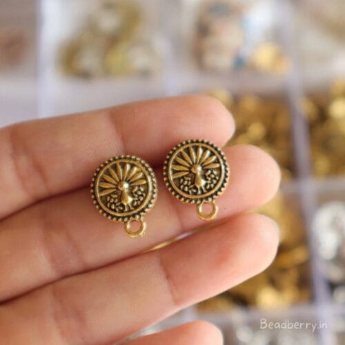 Golden Oxidised Earrings Making Studs -B | Size-15mm | 10 Pcs