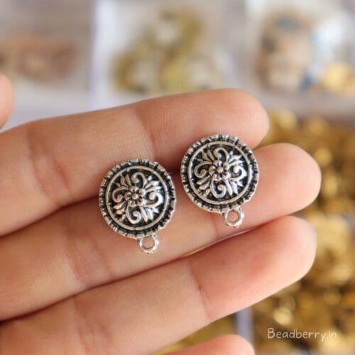 Silver Oxidised Earrings Making Studs -A | Size-16mm | 10 Pcs