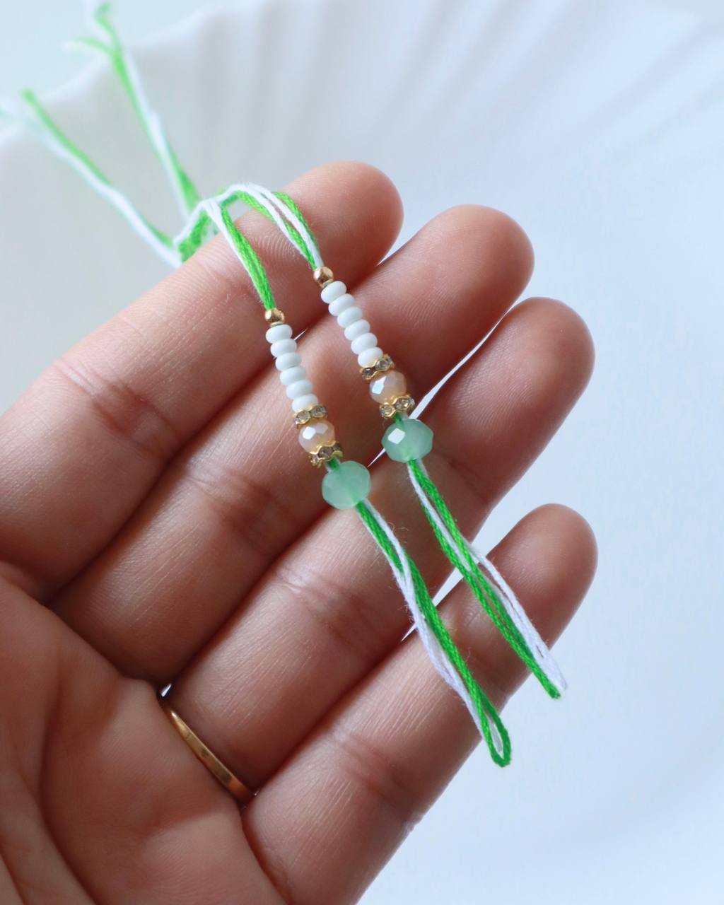 Green-White Crystal Rakhi Ready Threads