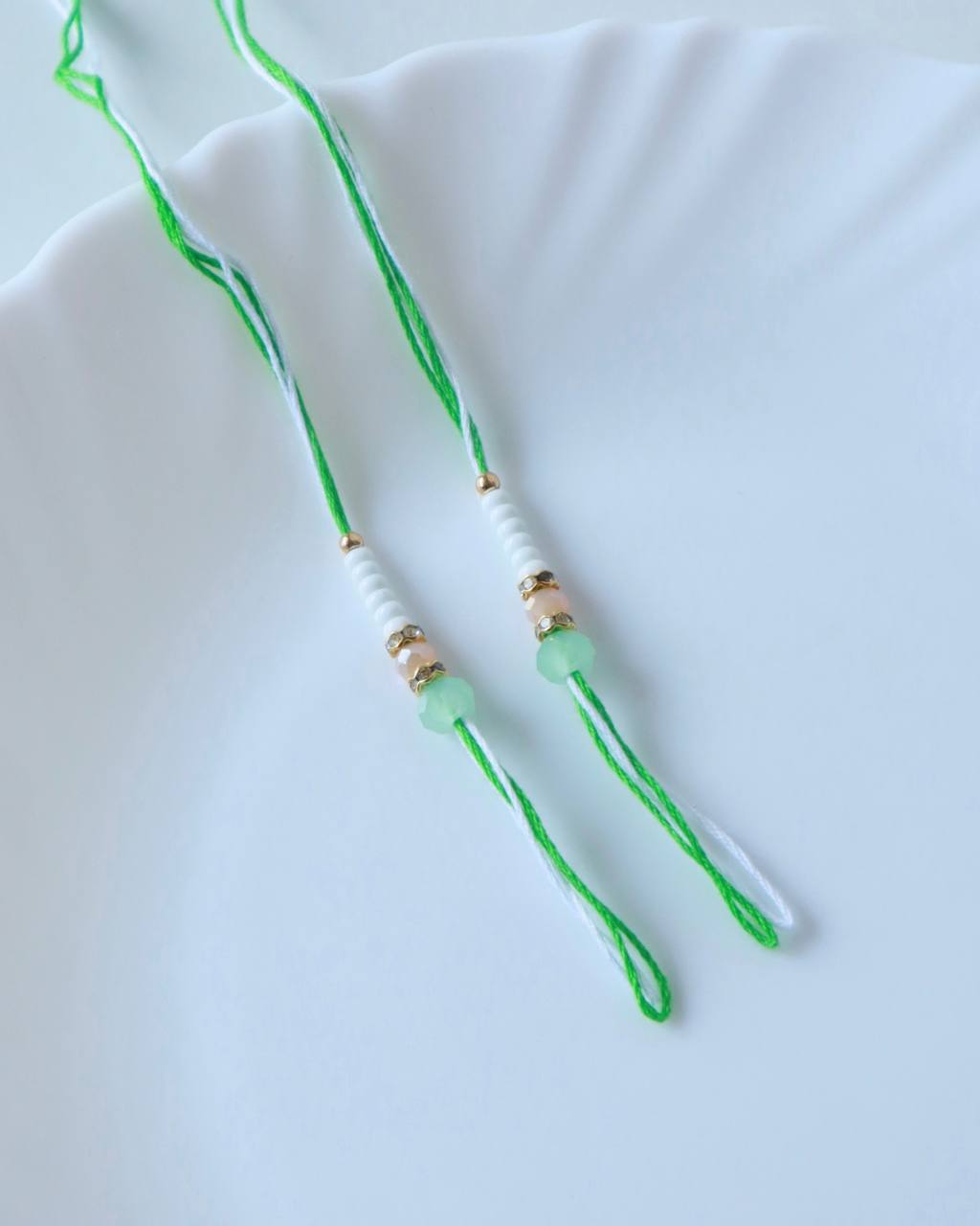 Green-White Crystal Rakhi Ready Threads
